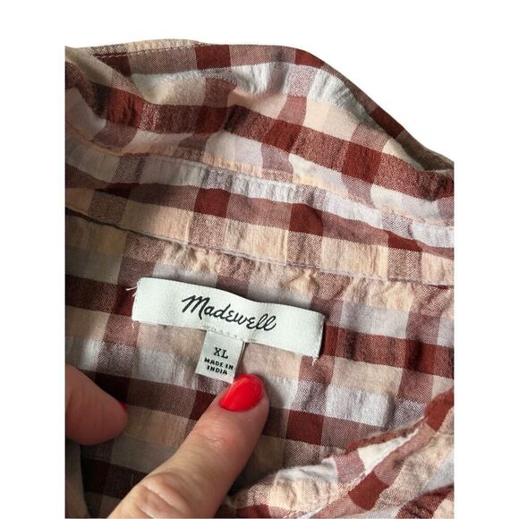 Madewell Seersucker Baybrook Shirt Top Plaid Stained Mahogany XL Short Sleeve - Picture 6 of 11
